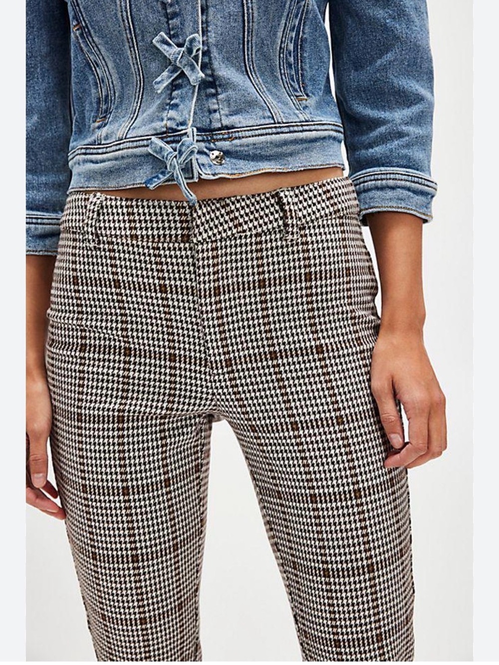 Free people Plaid Houndstooth Slim Fit Pants in Brown size 4